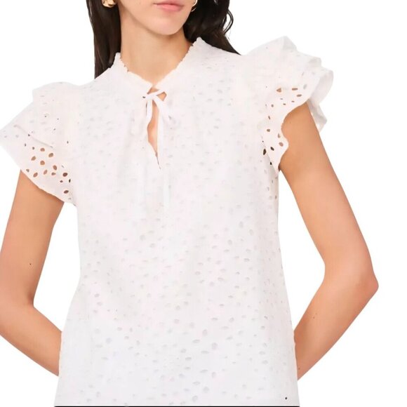 1. State White Eyelet Flutter Sleeve Blouse Tie Neckline Size M - Picture 1 of 7